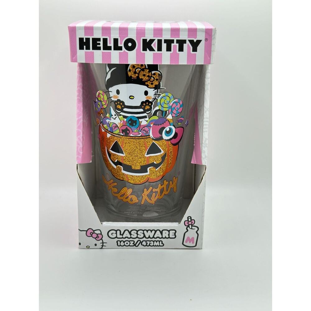Hello Kitty Halloween-Themed Glass Tumbler 16oz With Glitter Accents & Candy Gra
